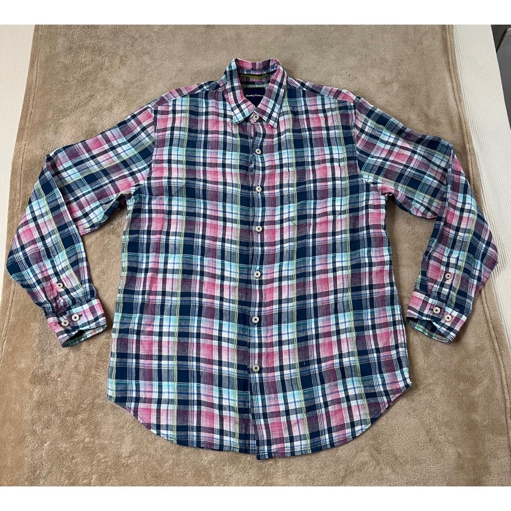 Tommy Bahama Shirt Men's M Pink Navy Plaid 100%Linen LongSleeve Button Down EUC